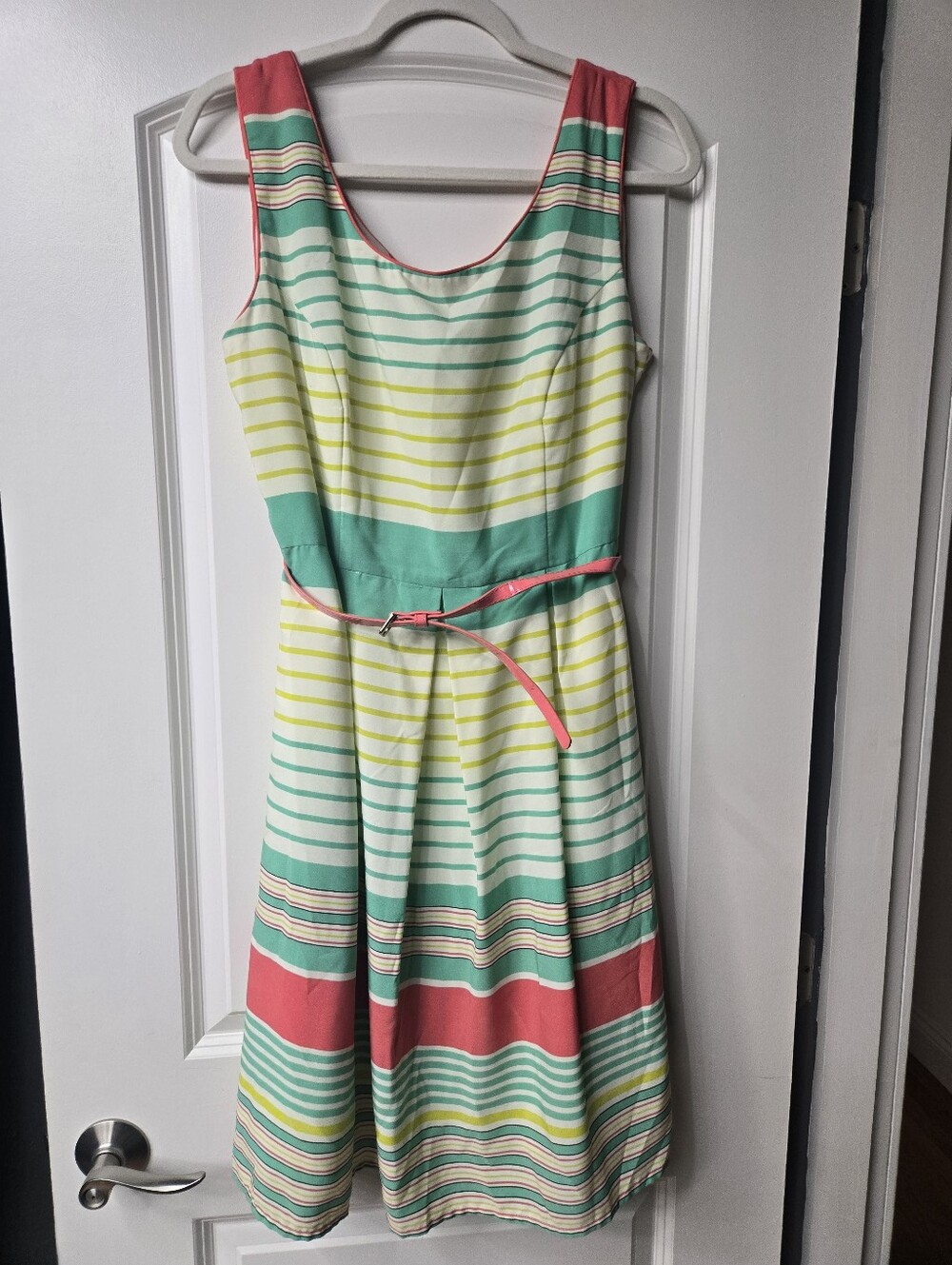 Tiana B. Coral, Mint and Yellow Striped Sleeveless Dress with Belt